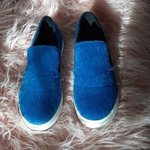 DOLLHOUSE | Neon Blue Fur Slip Ons